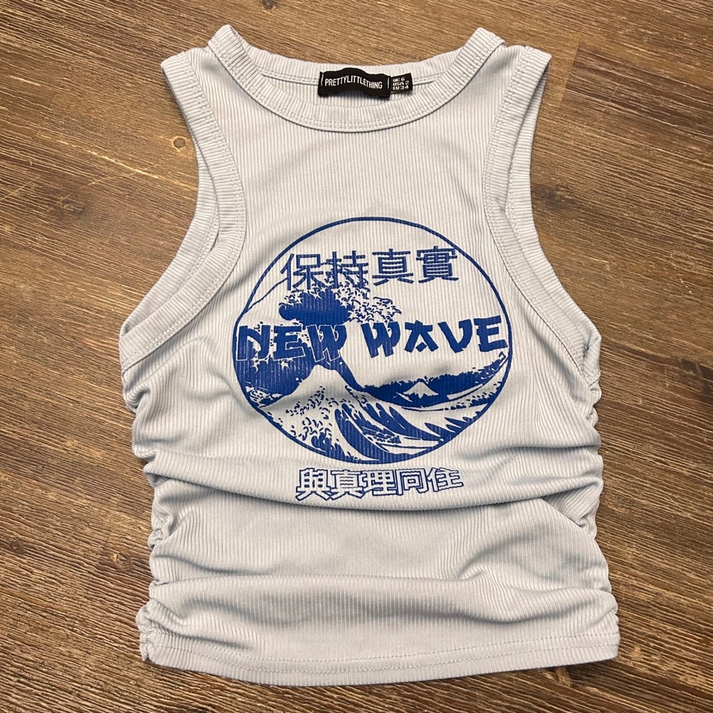 Pretty Little Thing Blue Ruched Tank Top Graphic Print New Wave Japanese Style 2